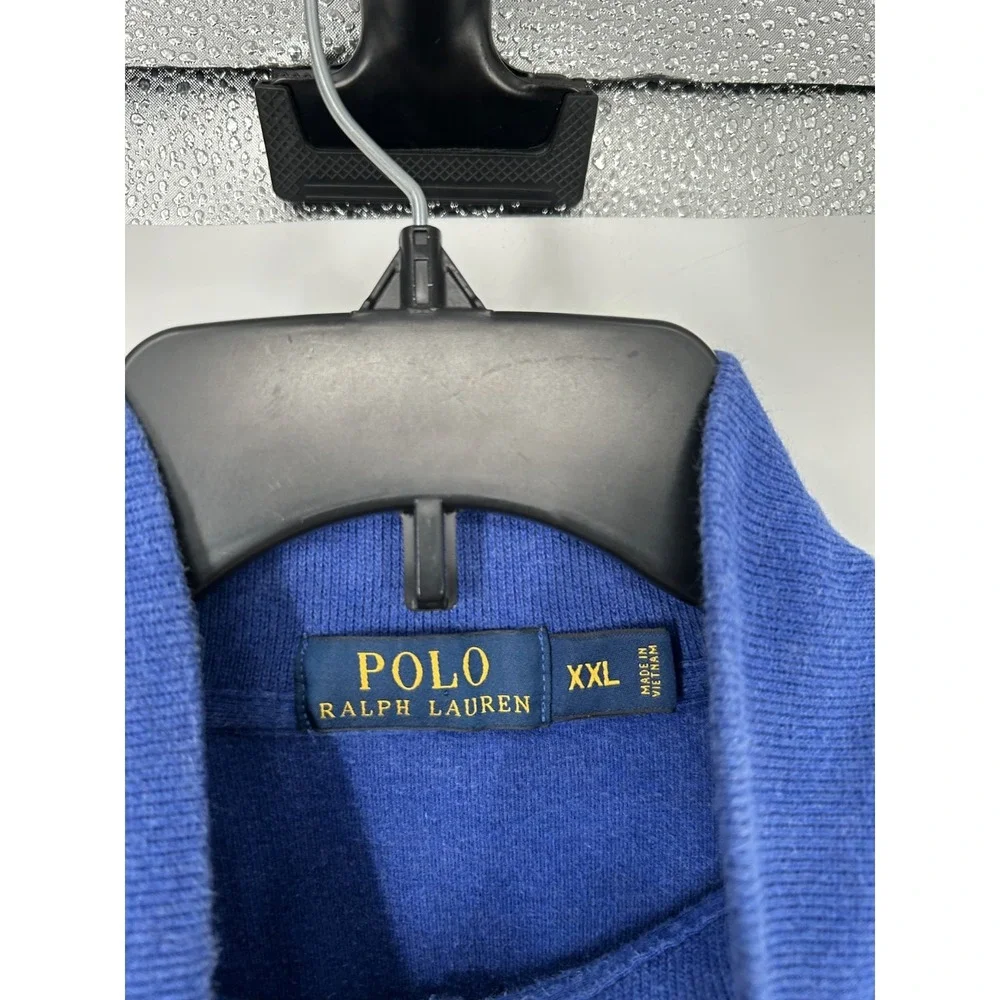Polo Ralph Lauren Sweater Mens 2XL 1/4 Quarter Zip Knit Royal Blue Leather Tab